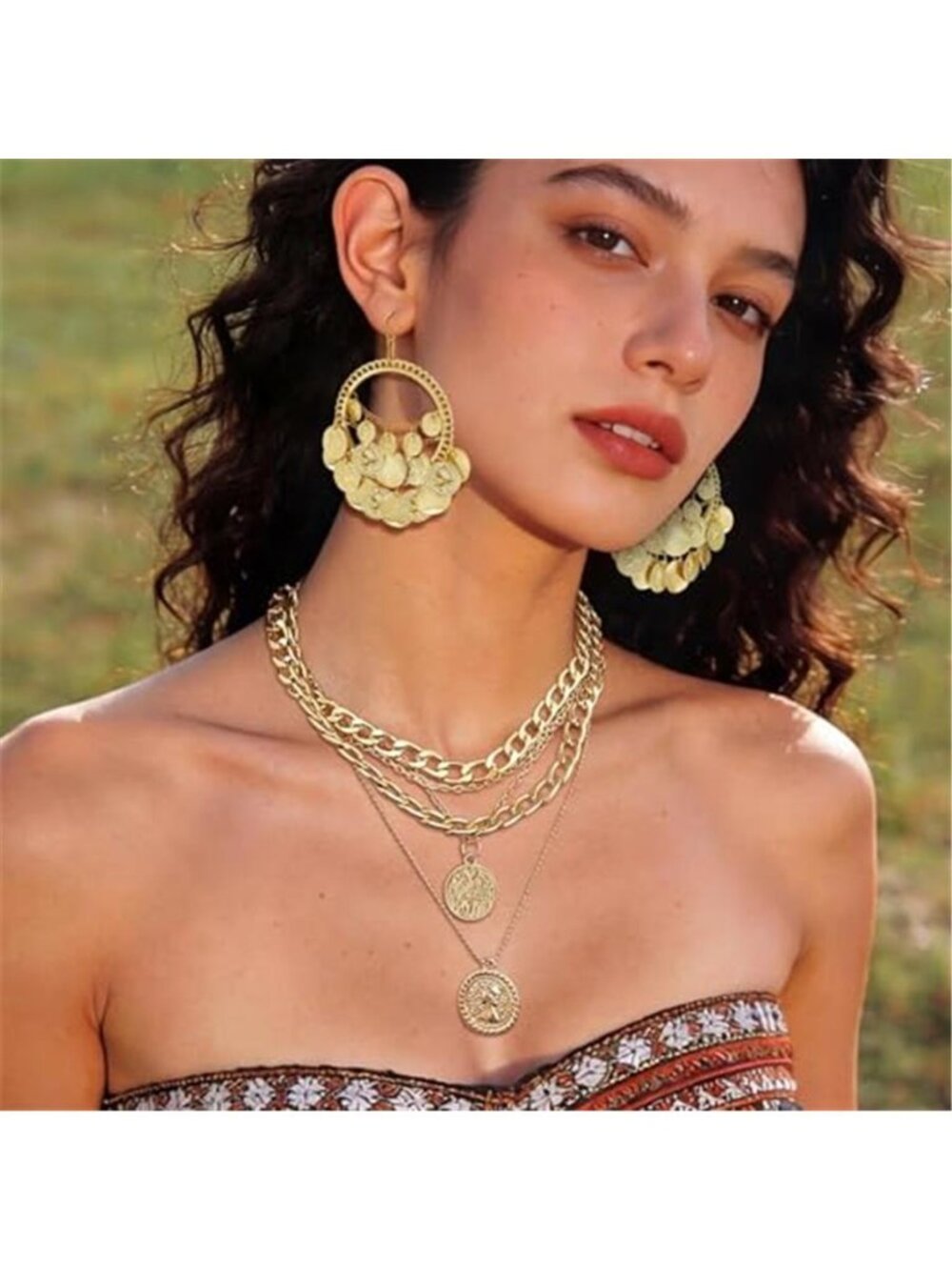 2 Pcs Women's Layered Golden Pirate Necklace Earrings Chunky Chain Layered - Picture 2 of 7